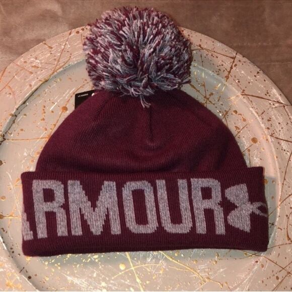 Under Armour Women’s Burgundy Gray Winter Knit Pom Pom Hat - Picture 4 of 9